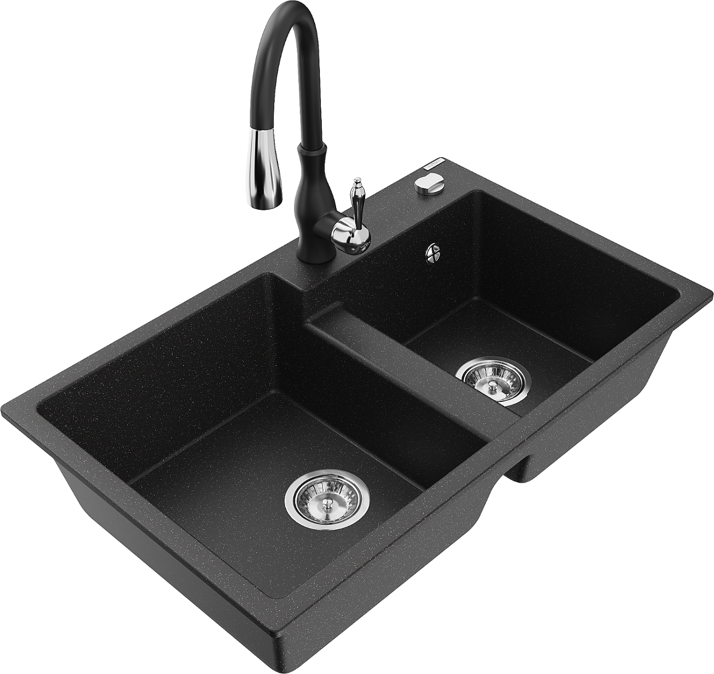 Mexen Tomas zlewozmywak granitowy 2-komorowy z baterią kuchenną Savita, czarny/srebrny metalik - 6516-73-672601-70