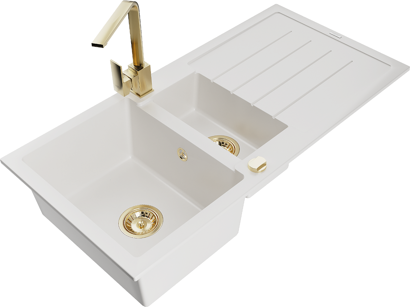 Mexen Andres zlewozmywak granitowy 1,5-komorowy z ociekaczem i baterią kuchenną Rita, biały - 6515-20-670300-50