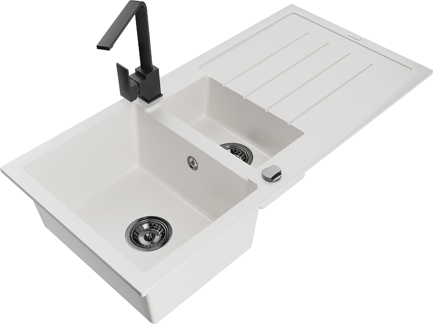 Mexen Andres zlewozmywak granitowy 1,5-komorowy z ociekaczem i baterią kuchenną Rita, biały - 6515-20-670300-70