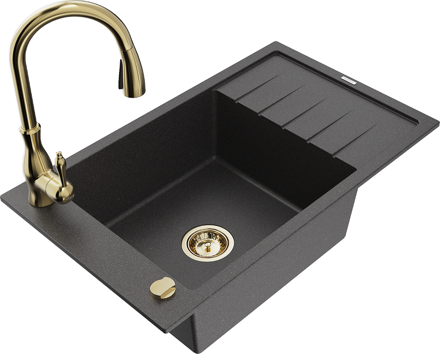 Mexen Elias zlewozmywak granitowy 1-komorowy z ociekaczem i baterią kuchenną Savita, czarny nakrapiany - 6511-76-672601-50