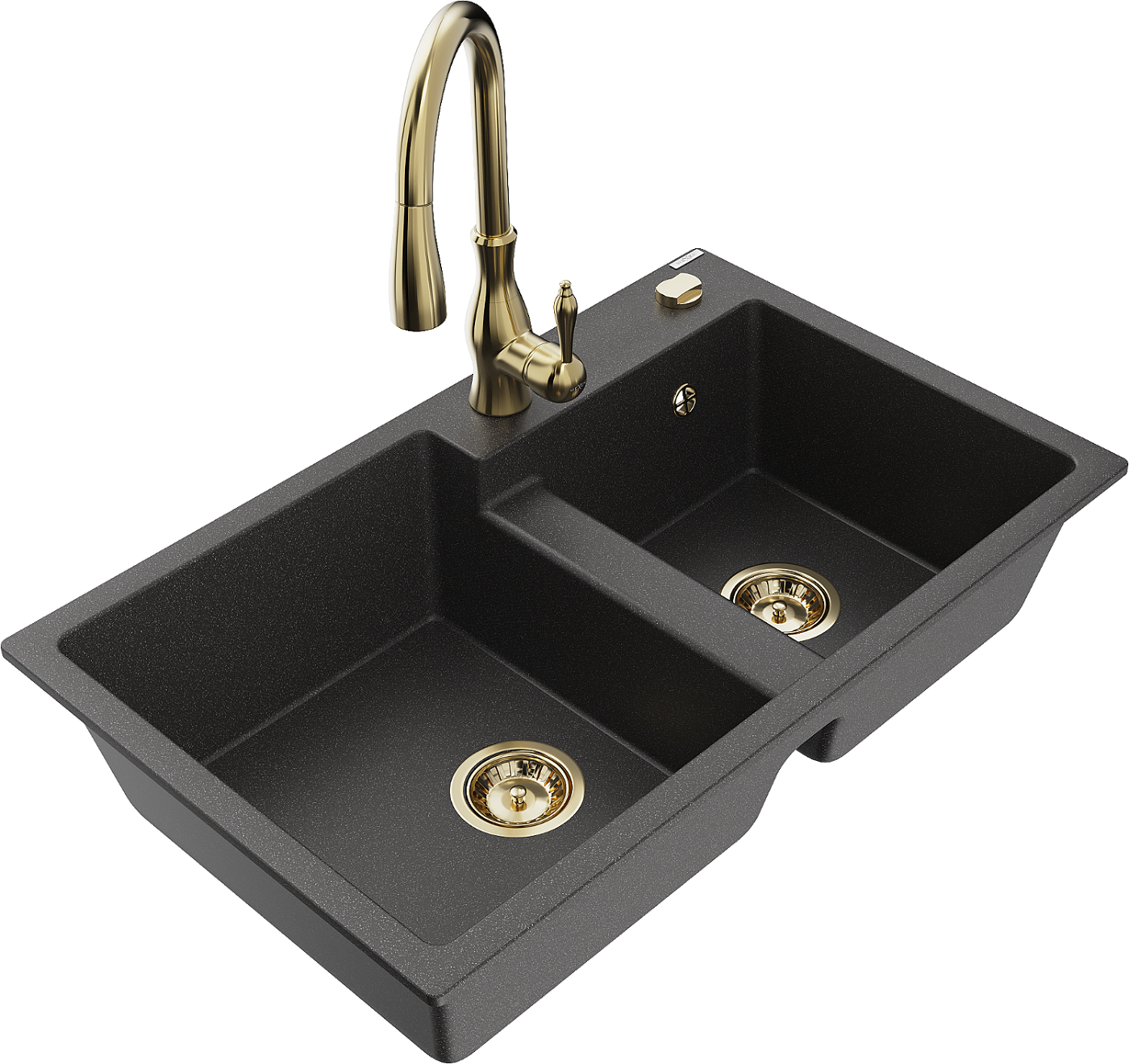 Mexen Tomas zlewozmywak granitowy 2-komorowy z baterią kuchenną Savita, czarny nakrapiany - 6516-76-672601-50