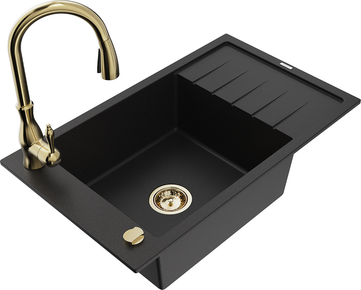 Mexen Elias zlewozmywak granitowy 1-komorowy z ociekaczem i baterią kuchenną Savita, czarny - 6511-77-672601-50