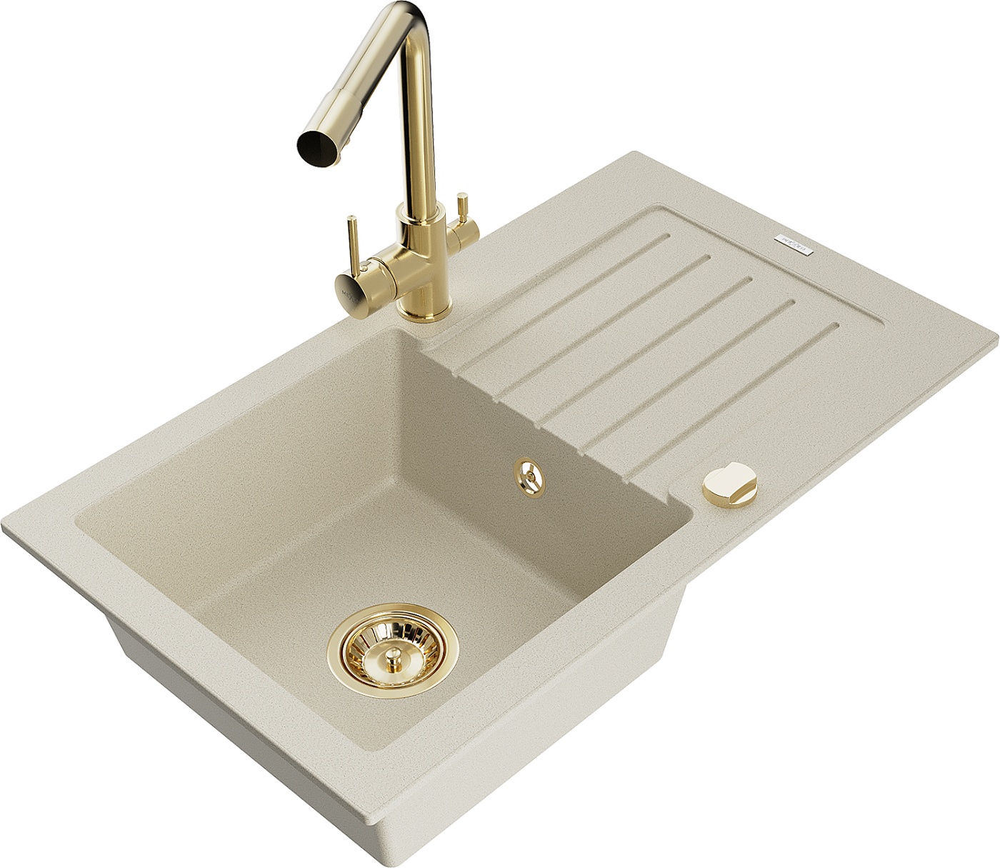 Mexen Pablo zlewozmywak granitowy 1-komorowy z ociekaczem i baterią kuchenną Duero, beżowy - 6510-69-671600-50