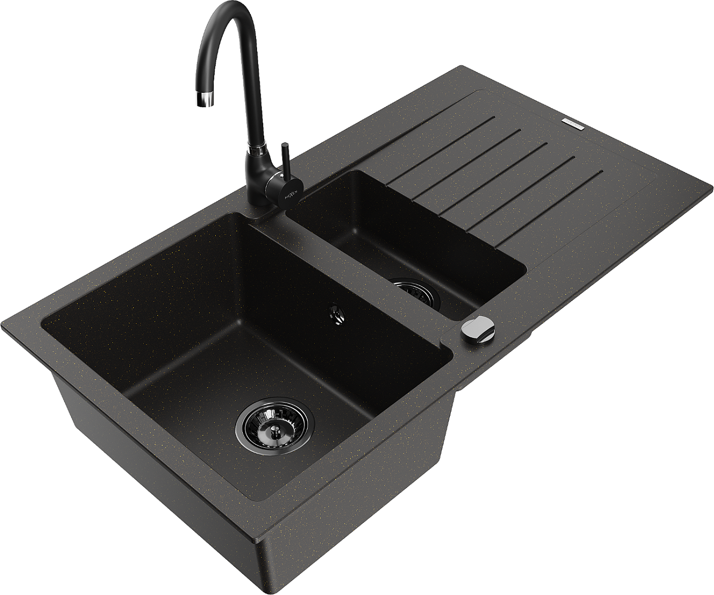 Mexen Matias zlewozmywak granitowy 1,5-komorowy z ociekaczem i baterią kuchenną Telma, czarny/złoty - 6502-75-670200-70-B