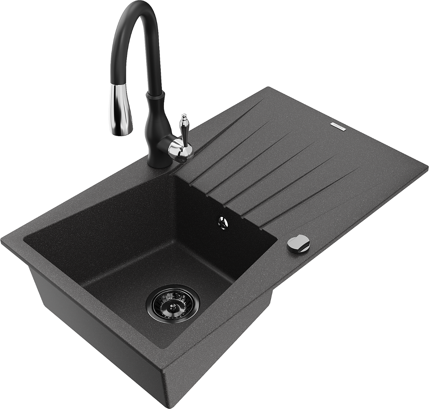 Mexen Cesar zlewozmywak granitowy 1-komorowy z ociekaczem i baterią kuchenną Savita, czarny nakrapiany - 6514-76-672601-70-B