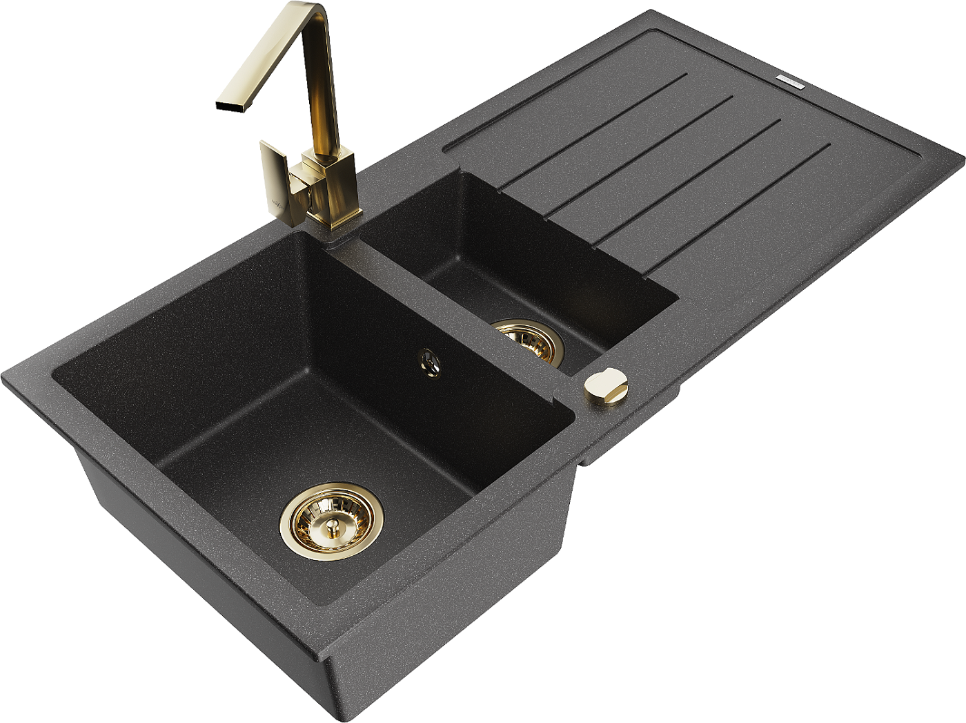 Mexen Andres zlewozmywak granitowy 1,5-komorowy z ociekaczem i baterią kuchenną Rita, czarny nakrapiany - 6515-76-670300-50