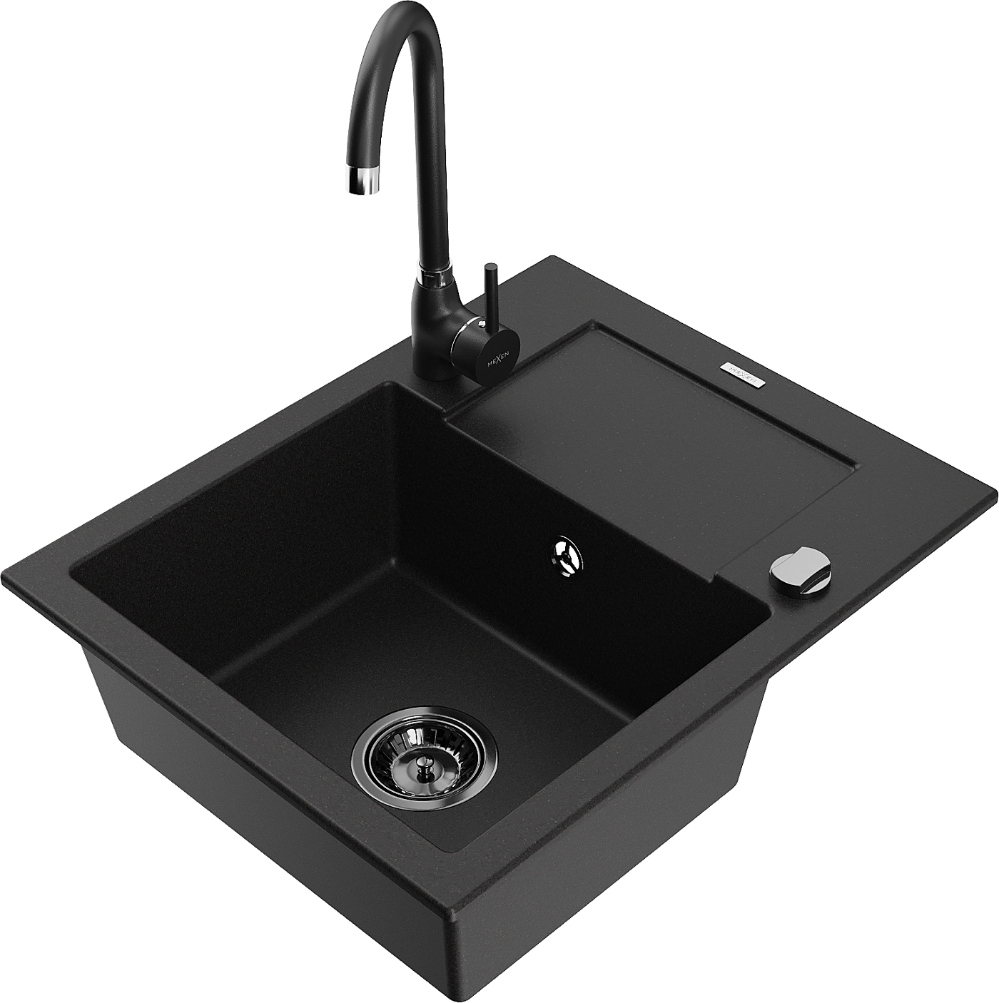 Mexen Enzo zlewozmywak granitowy 1-komorowy z ociekaczem i baterią kuchenną Telma, czarny - 6506-77-670200-70-B