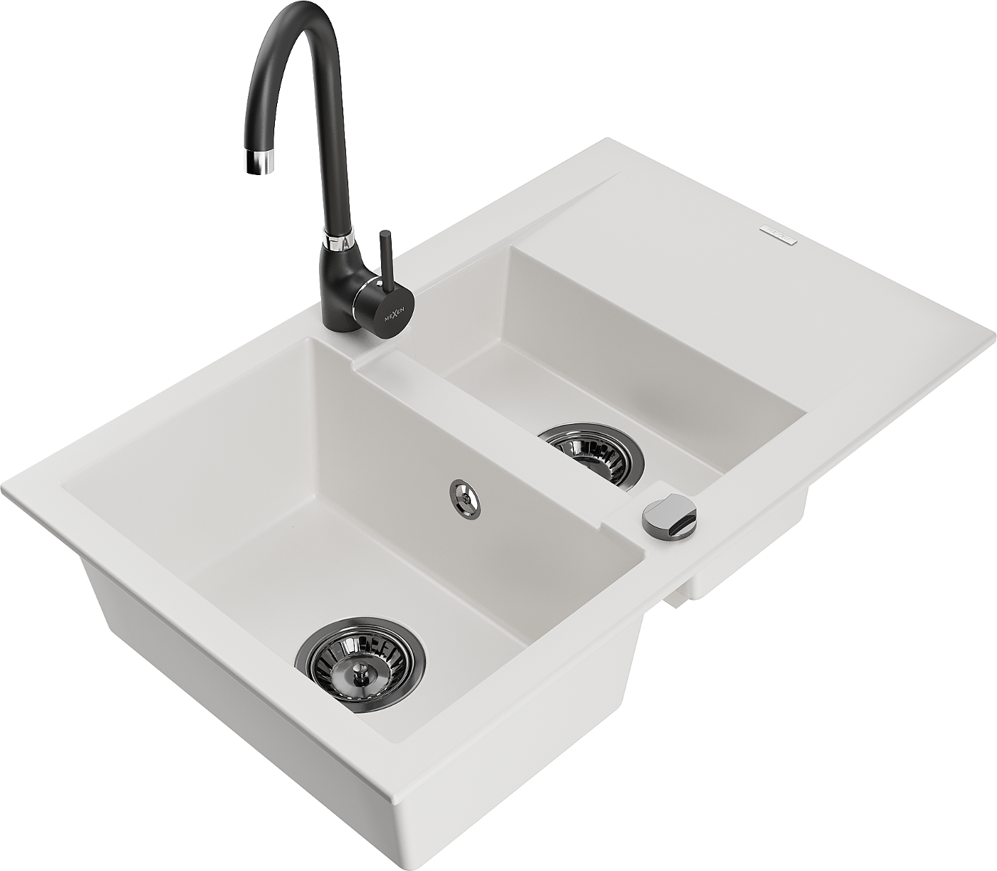 Mexen Gaspar zlewozmywak granitowy 1,5-komorowy z ociekaczem i baterią kuchenną Telma, biały - 6507-20-670200-70