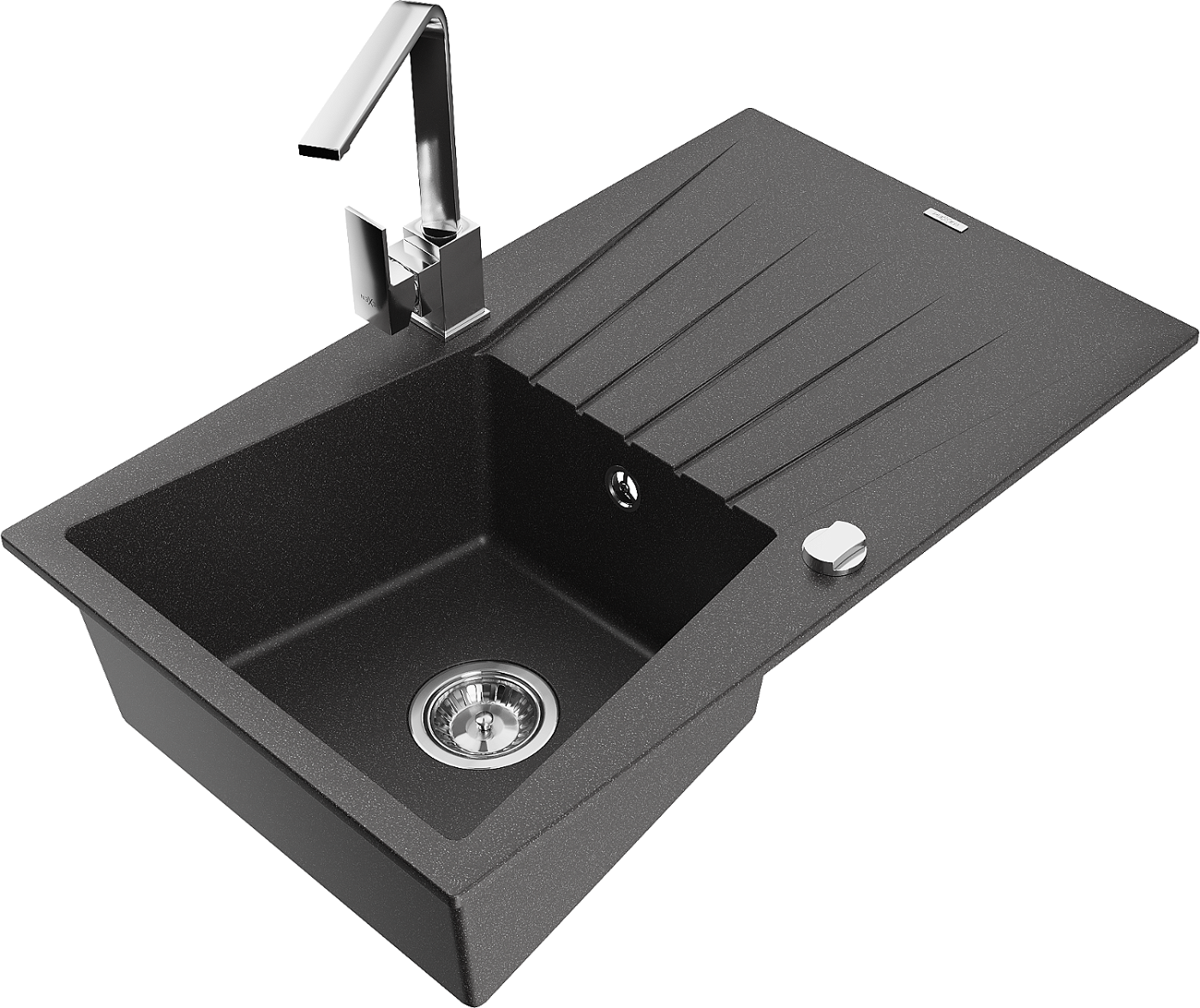 Mexen Cesar zlewozmywak granitowy 1-komorowy z ociekaczem i baterią kuchenną Rita, czarny nakrapiany - 6514-76-670300-00