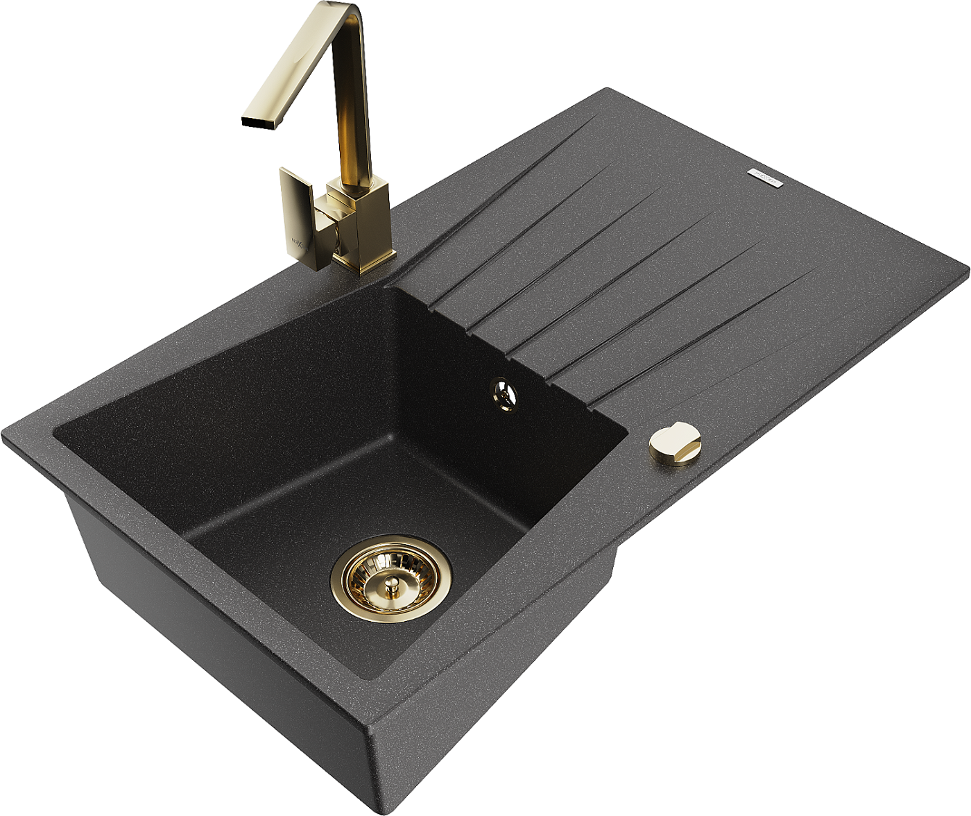 Mexen Cesar zlewozmywak granitowy 1-komorowy z ociekaczem i baterią kuchenną Rita, czarny nakrapiany - 6514-76-670300-50