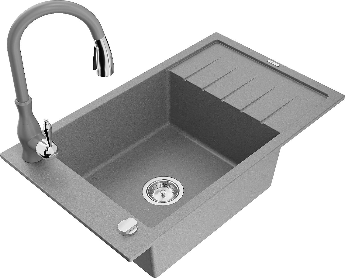 Mexen Elias zlewozmywak granitowy 1-komorowy z ociekaczem i baterią kuchenną Savita, szary - 6511-71-672601-71