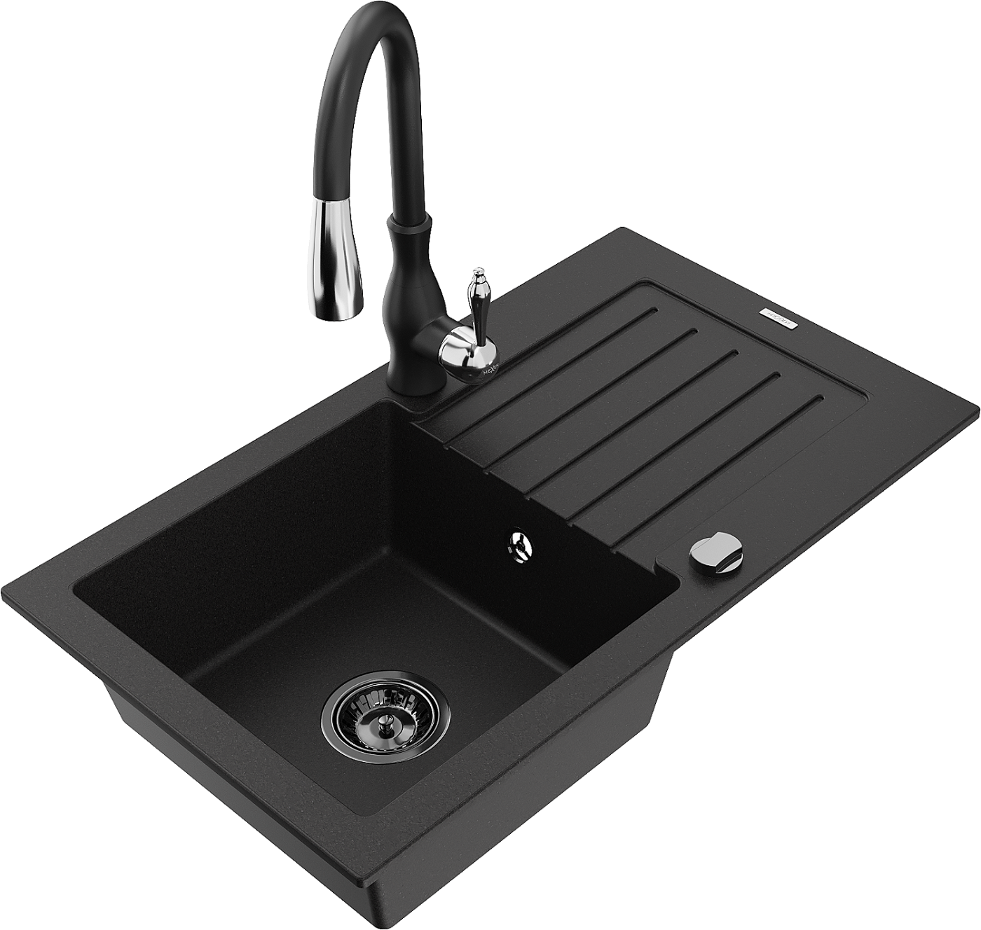 Mexen Pablo zlewozmywak granitowy 1-komorowy z ociekaczem i baterią kuchenną Savita, czarny - 6510-77-672601-70-B
