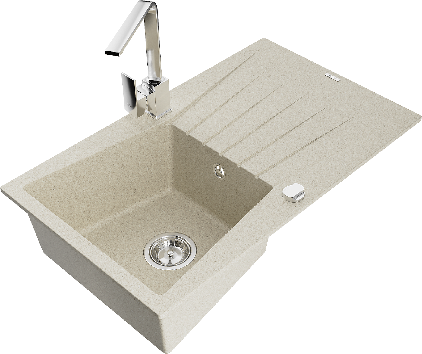 Mexen Cesar zlewozmywak granitowy 1-komorowy z ociekaczem i baterią kuchenną Rita, beżowy - 6514-69-670300-00