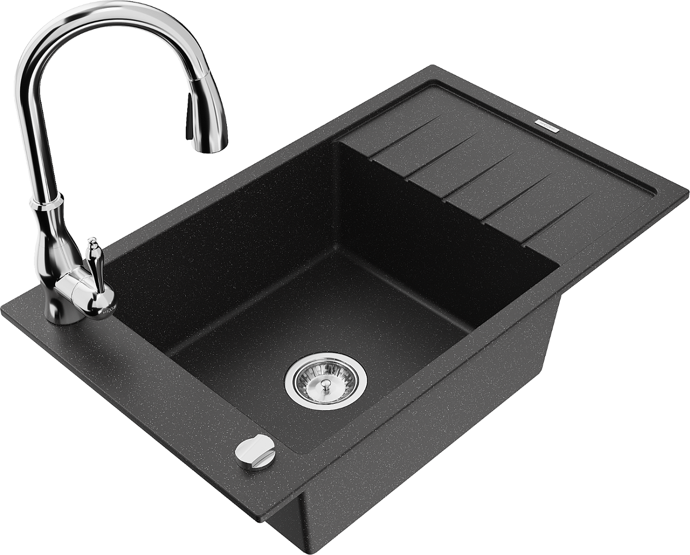 Mexen Elias zlewozmywak granitowy 1-komorowy z ociekaczem i baterią kuchenną Savita, czarny/srebrny metalik- 6511-73-672601-00
