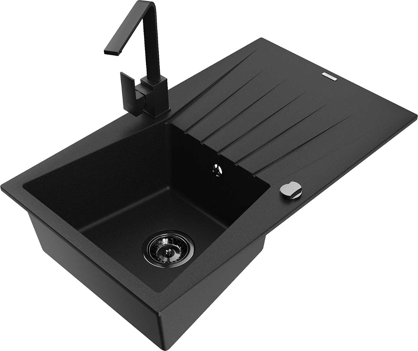 Mexen Cesar zlewozmywak granitowy 1-komorowy z ociekaczem i baterią kuchenną Rita, czarny - 6514-77-670300-70-B