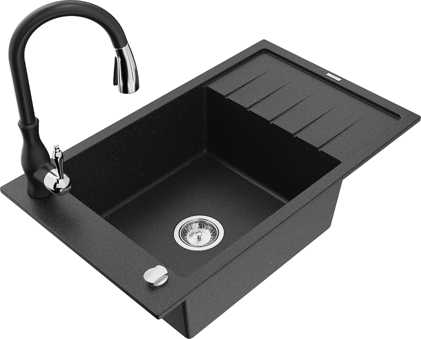 Mexen Elias zlewozmywak granitowy 1-komorowy z ociekaczem i baterią kuchenną Savita, czarny/srebrny metalik- 6511-73-672601-70