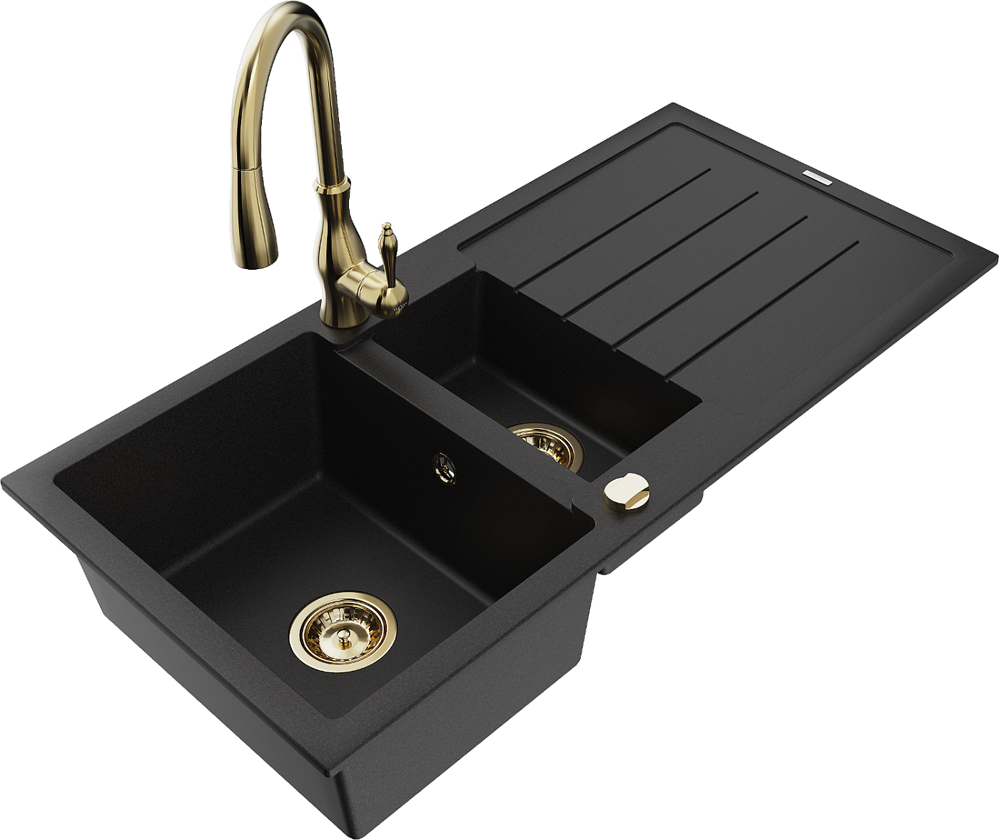 Mexen Andres zlewozmywak granitowy 1,5-komorowy z ociekaczem i baterią kuchenną Savita, czarny - 6515-77-672601-50