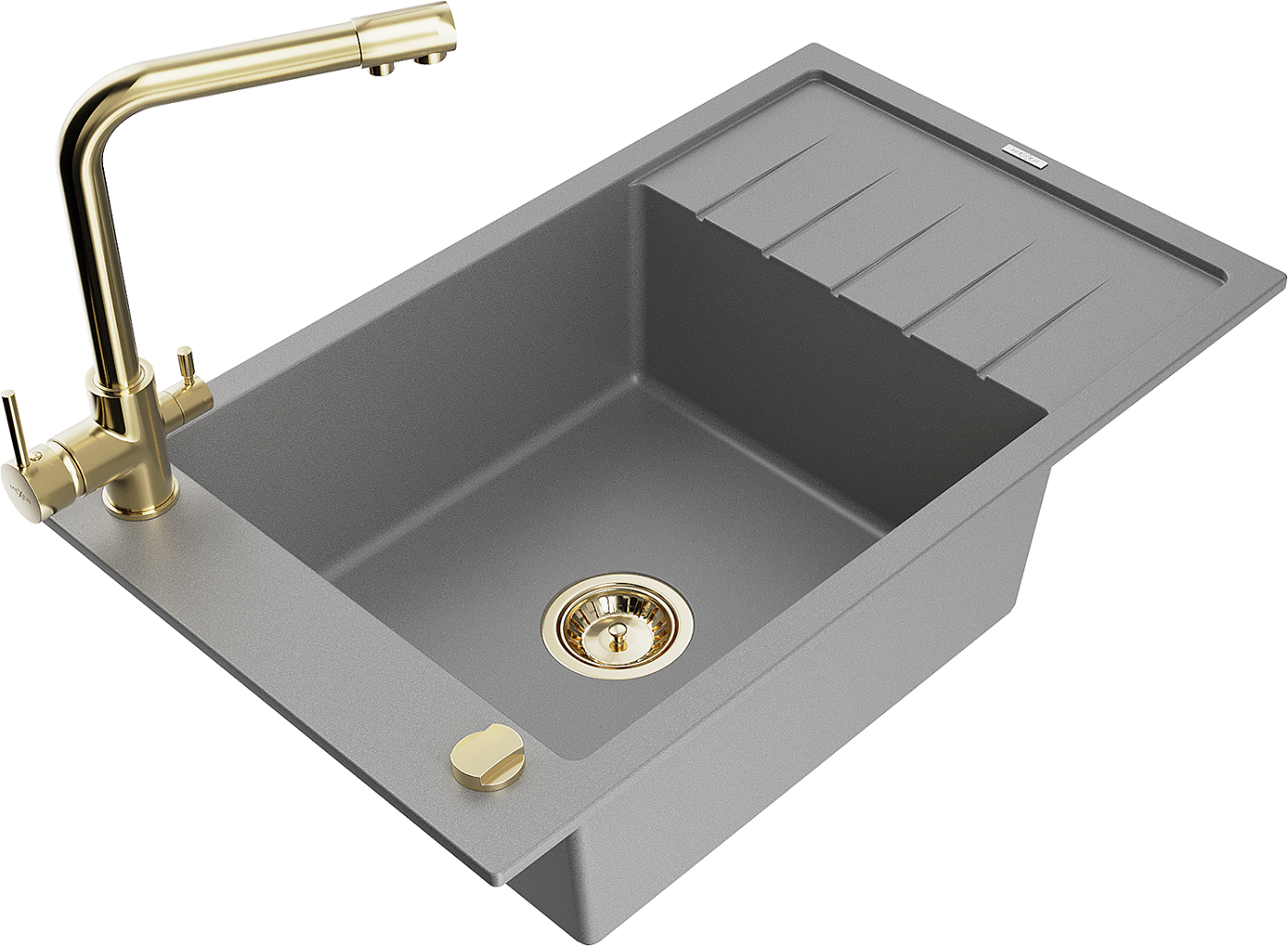 Mexen Elias zlewozmywak granitowy 1-komorowy z ociekaczem i baterią kuchenną Duero, szary - 6511-71-671600-50