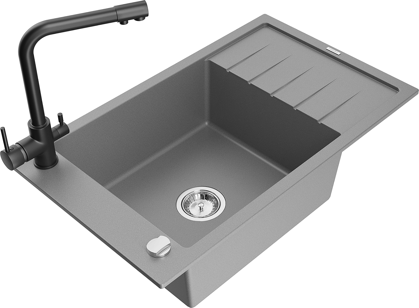 Mexen Elias zlewozmywak granitowy 1-komorowy z ociekaczem i baterią kuchenną Duero, szary - 6511-71-671600-70