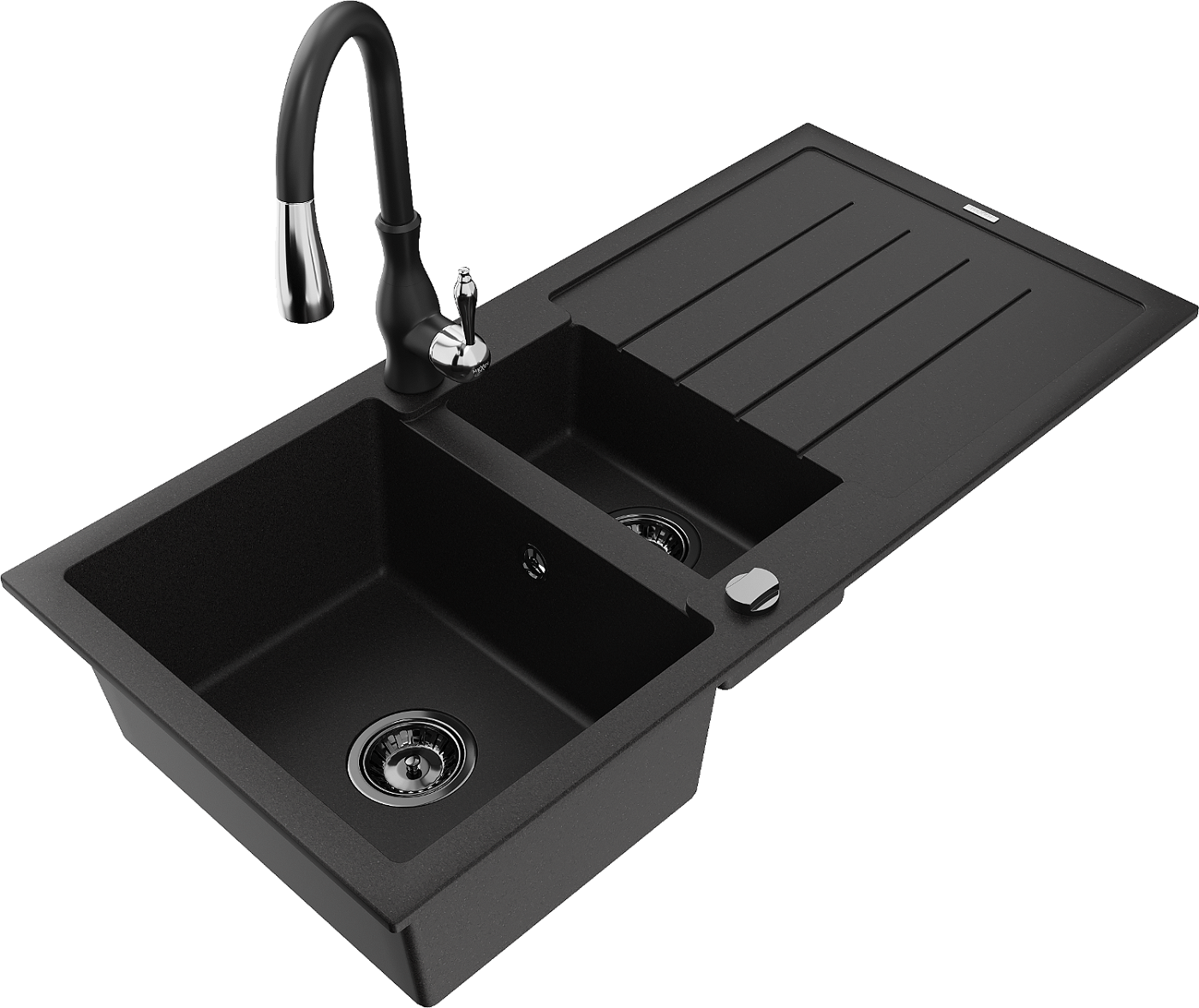 Mexen Andres zlewozmywak granitowy 1,5-komorowy z ociekaczem i baterią kuchenną Savita, czarny - 6515-77-672601-70-B