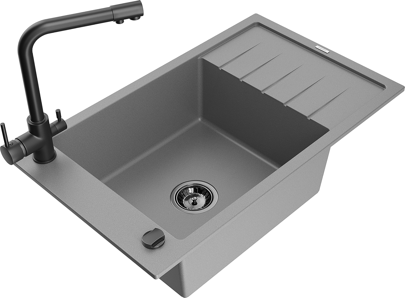 Mexen Elias zlewozmywak granitowy 1-komorowy z ociekaczem i baterią kuchenną Duero, szary - 6511-71-671600-70-B