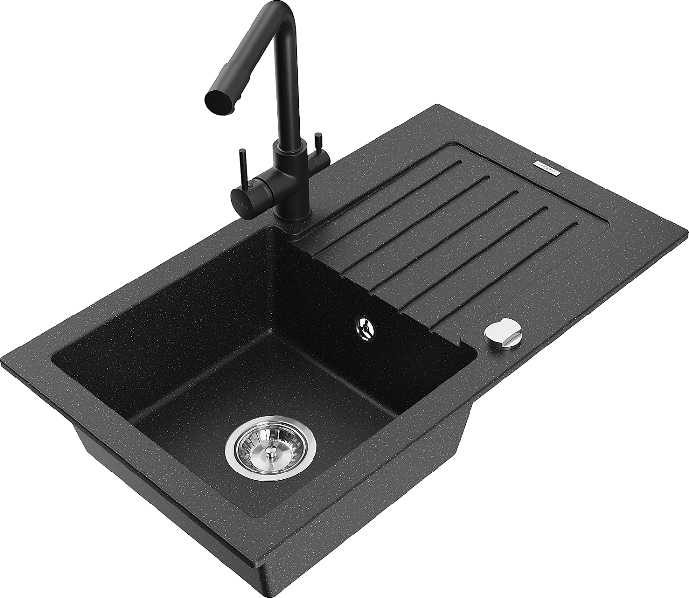 Mexen Pablo zlewozmywak granitowy 1-komorowy z ociekaczem i baterią kuchenną Duero, czarny/srebrny metalik - 6510-73-671600-70