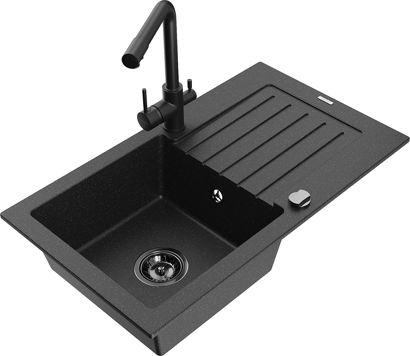 Mexen Pablo zlewozmywak granitowy 1-komorowy z ociekaczem i baterią kuchenną Duero, czarny/srebrny metalik - 6510-73-671600-70-B