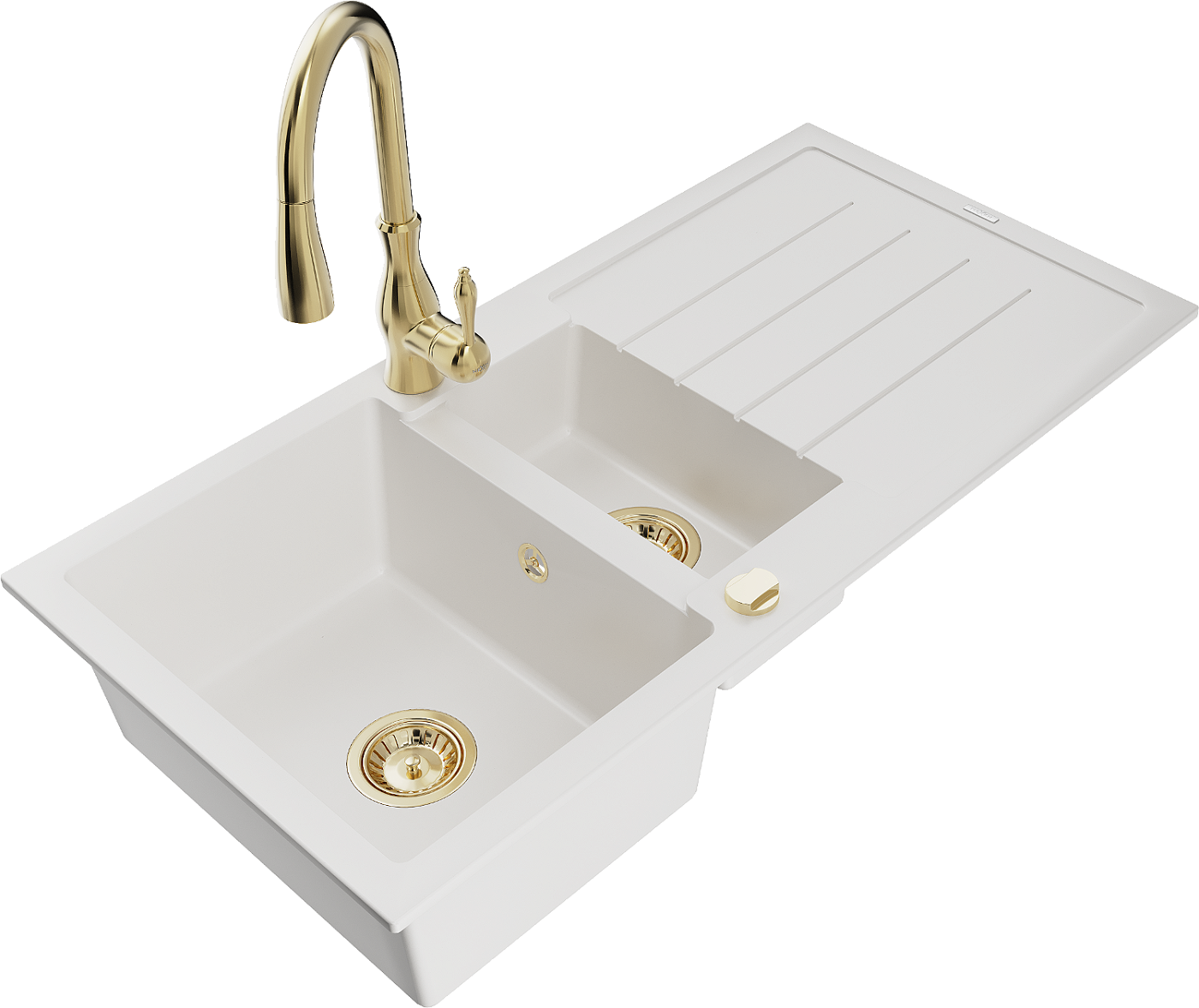 Mexen Andres zlewozmywak granitowy 1,5-komorowy z ociekaczem i baterią kuchenną Savita, biały - 6515-20-672601-50