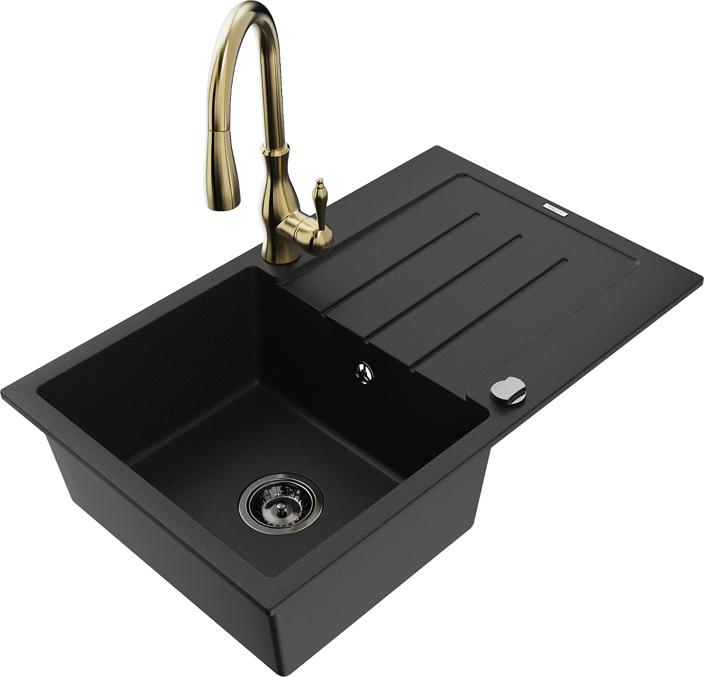 Mexen Bruno zlewozmywak granitowy 1-komorowy z ociekaczem i baterią kuchenną Savita, czarny - 6513-77-672601-50-B