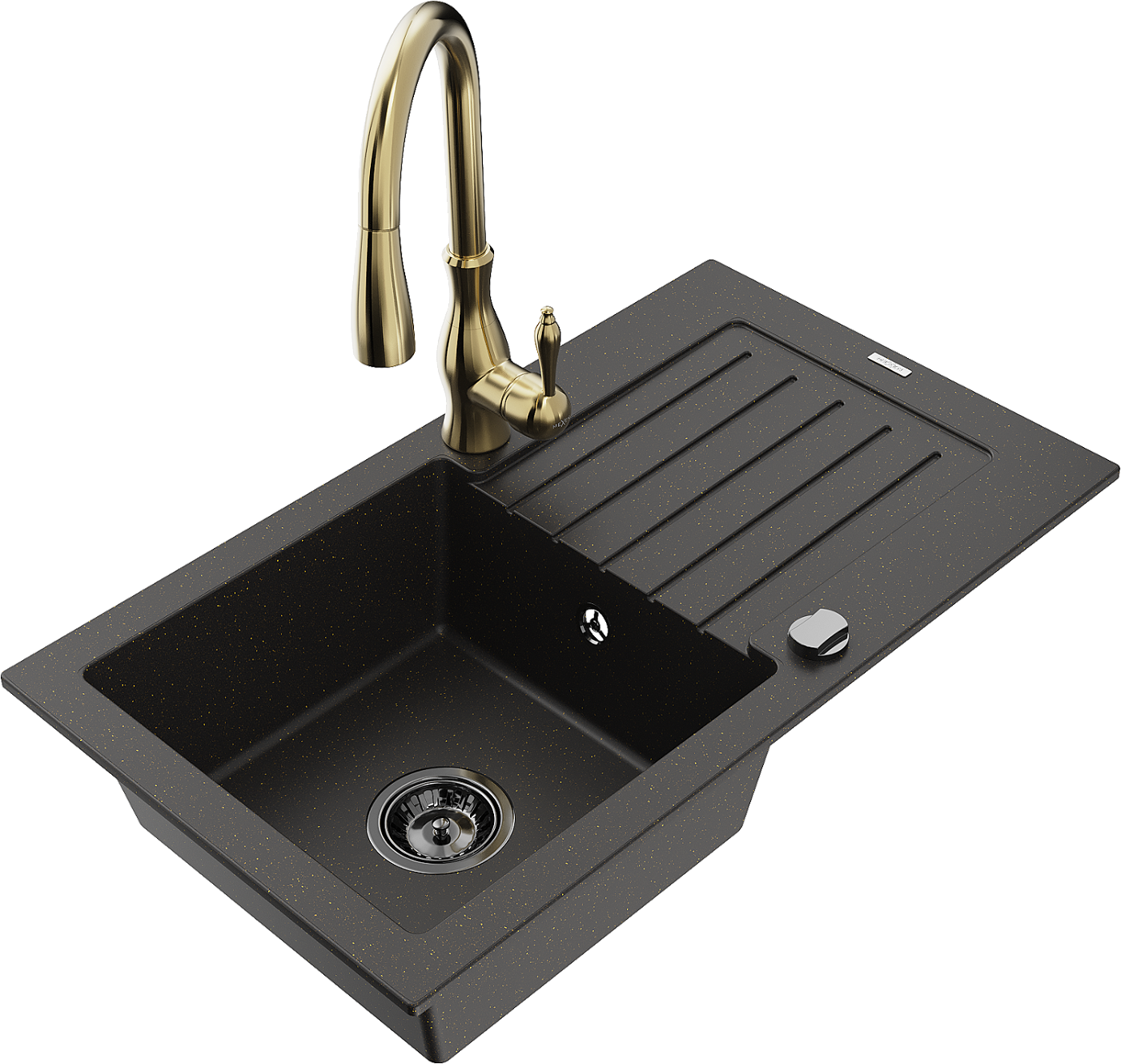 Mexen Pablo zlewozmywak granitowy 1-komorowy z ociekaczem i baterią kuchenną Savita, czarny/złoty metalik - 6510-75-672601-50-B