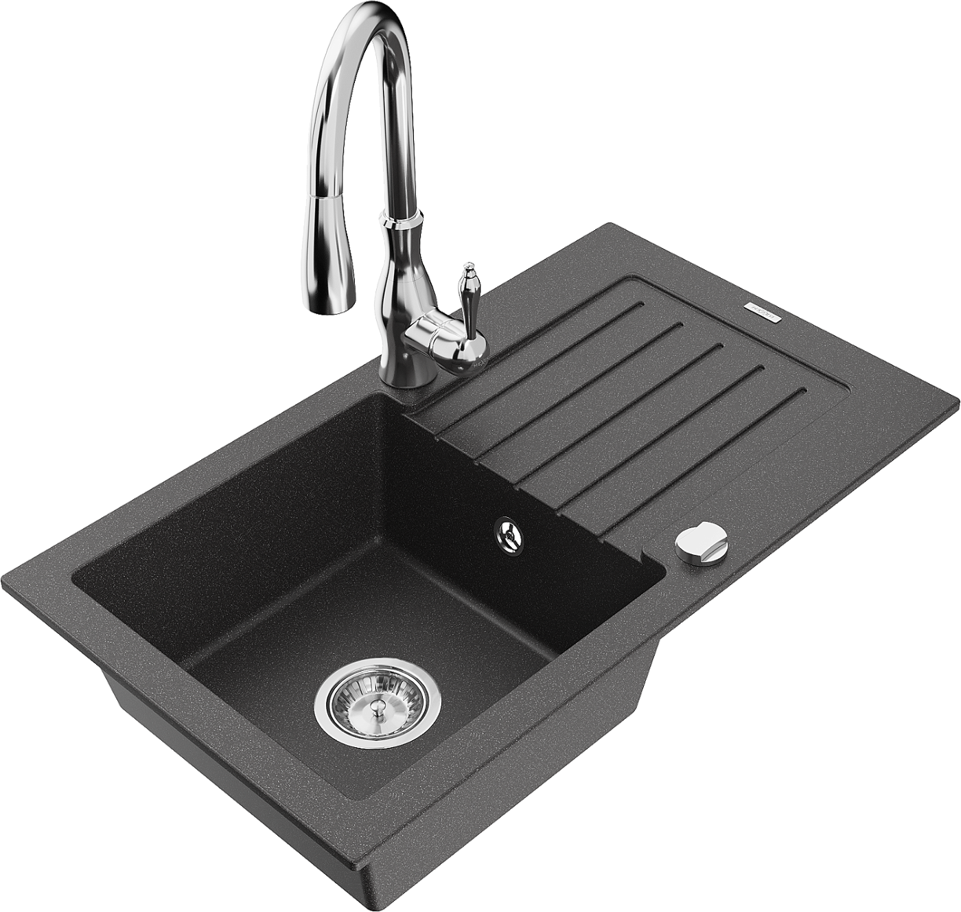 Mexen Pablo zlewozmywak granitowy 1-komorowy z ociekaczem i baterią kuchenną Savita, czarny nakrapiany - 6510-76-672601-00