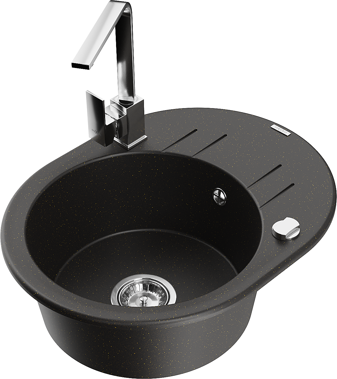 Mexen Kevin zlewozmywak granitowy 1-komorowy z ociekaczem i baterią kuchenną Rita, czarny/złoty metalik - 6517-75-670300-00