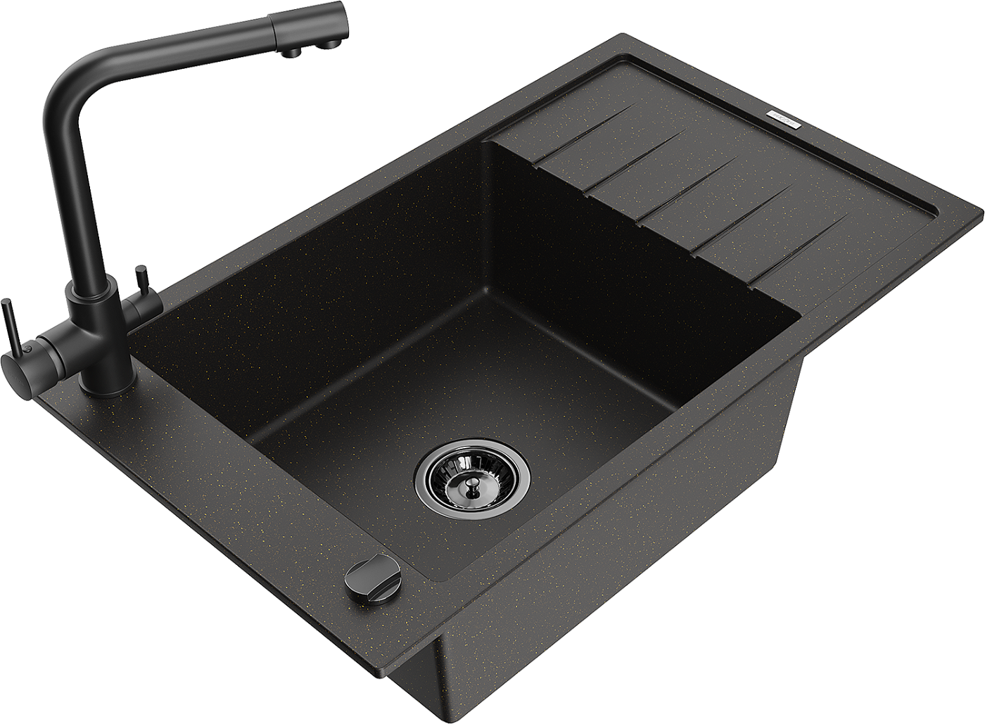 Mexen Elias zlewozmywak granitowy 1-komorowy z ociekaczem i baterią kuchenną Duero, czarny/złoty metalik - 6511-75-671600-70-B