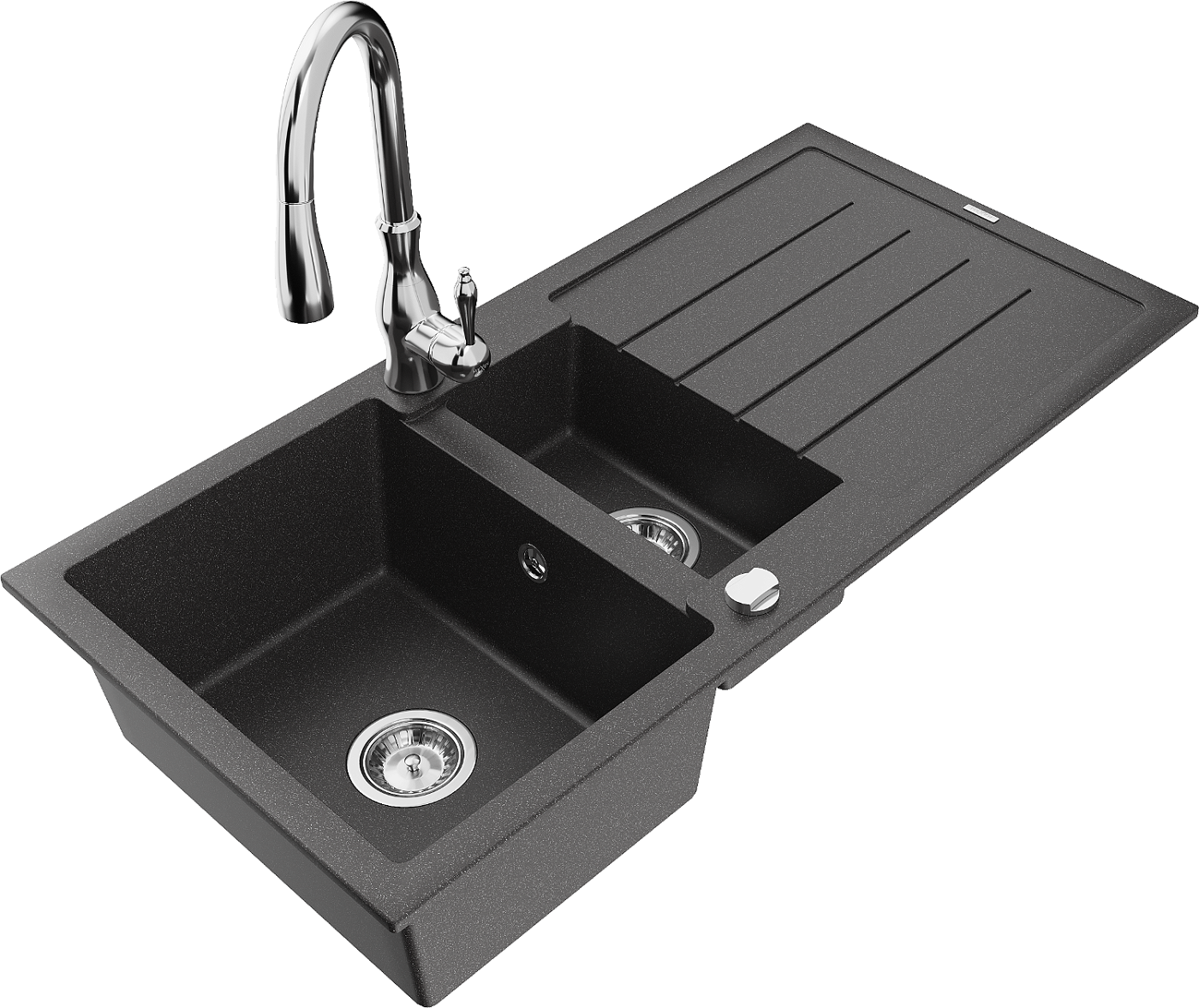 Mexen Andres zlewozmywak granitowy 1,5-komorowy z ociekaczem i baterią kuchenną Savita, czarny nakrapiany - 6515-76-672601-00