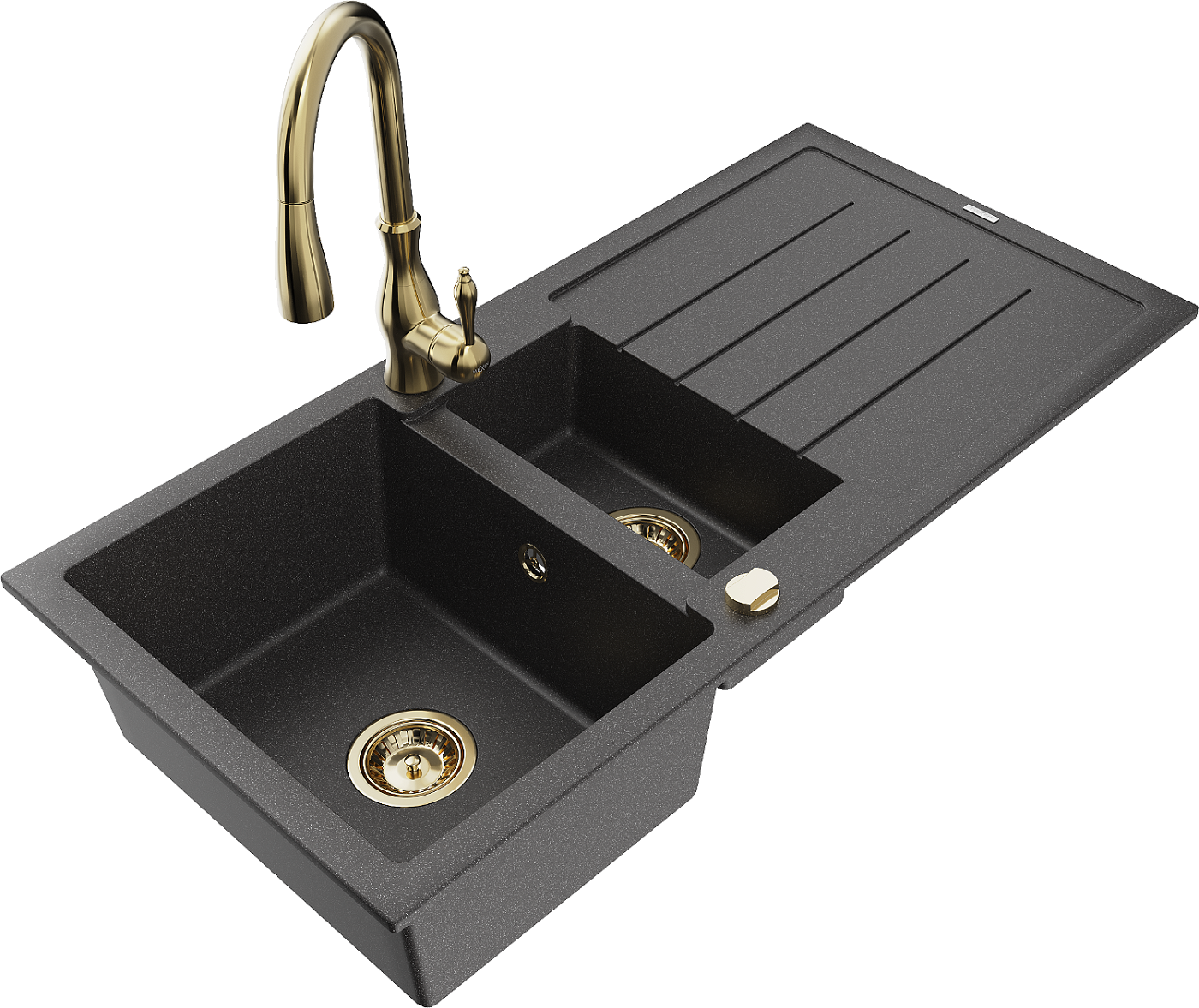Mexen Andres zlewozmywak granitowy 1,5-komorowy z ociekaczem i baterią kuchenną Savita, czarny nakrapiany - 6515-76-672601-50