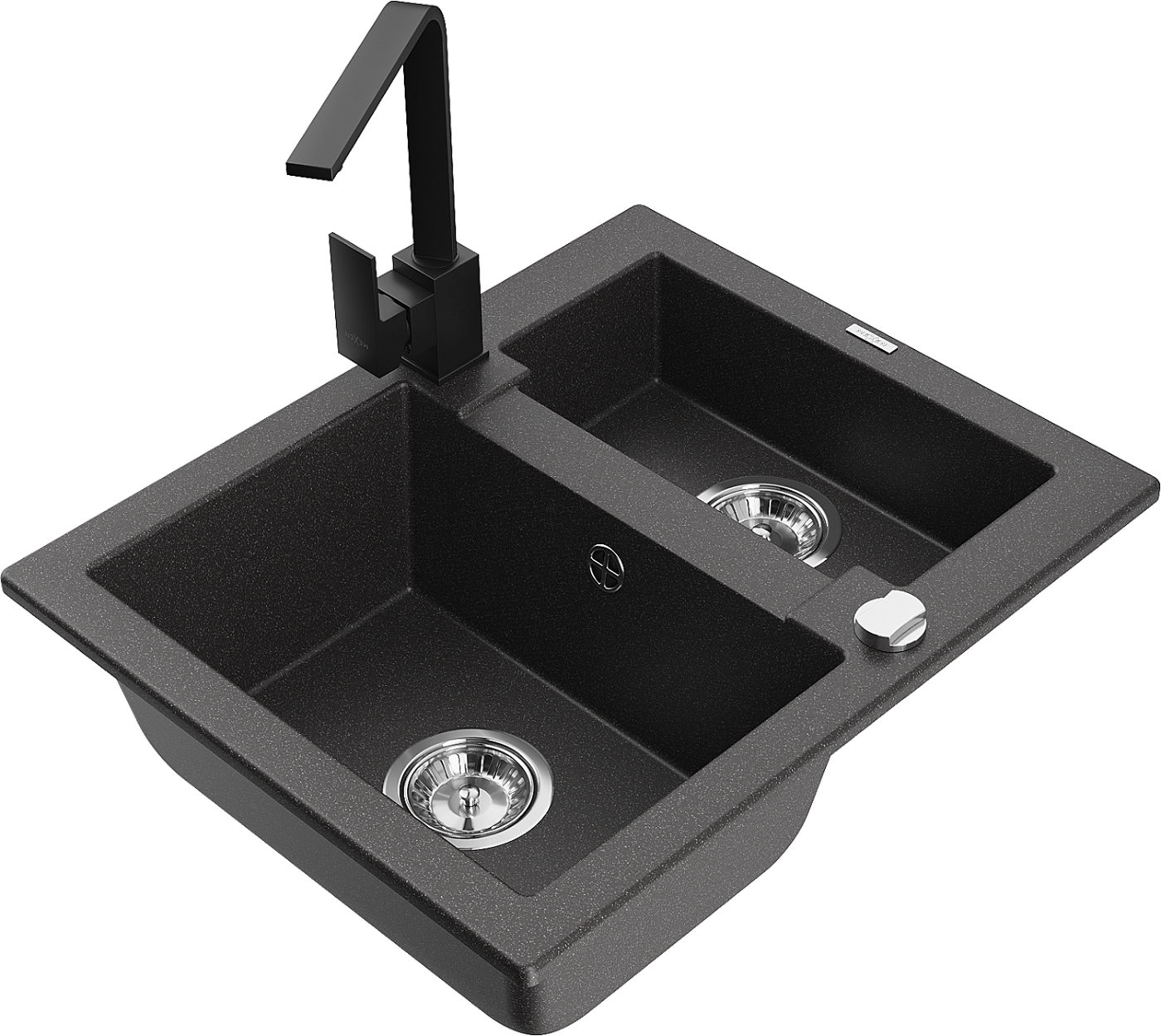 Mexen Carlos zlewozmywak granitowy 1,5-komorowy z baterią kuchenną Rita, czarny nakrapiany - 6518-76-670300-70