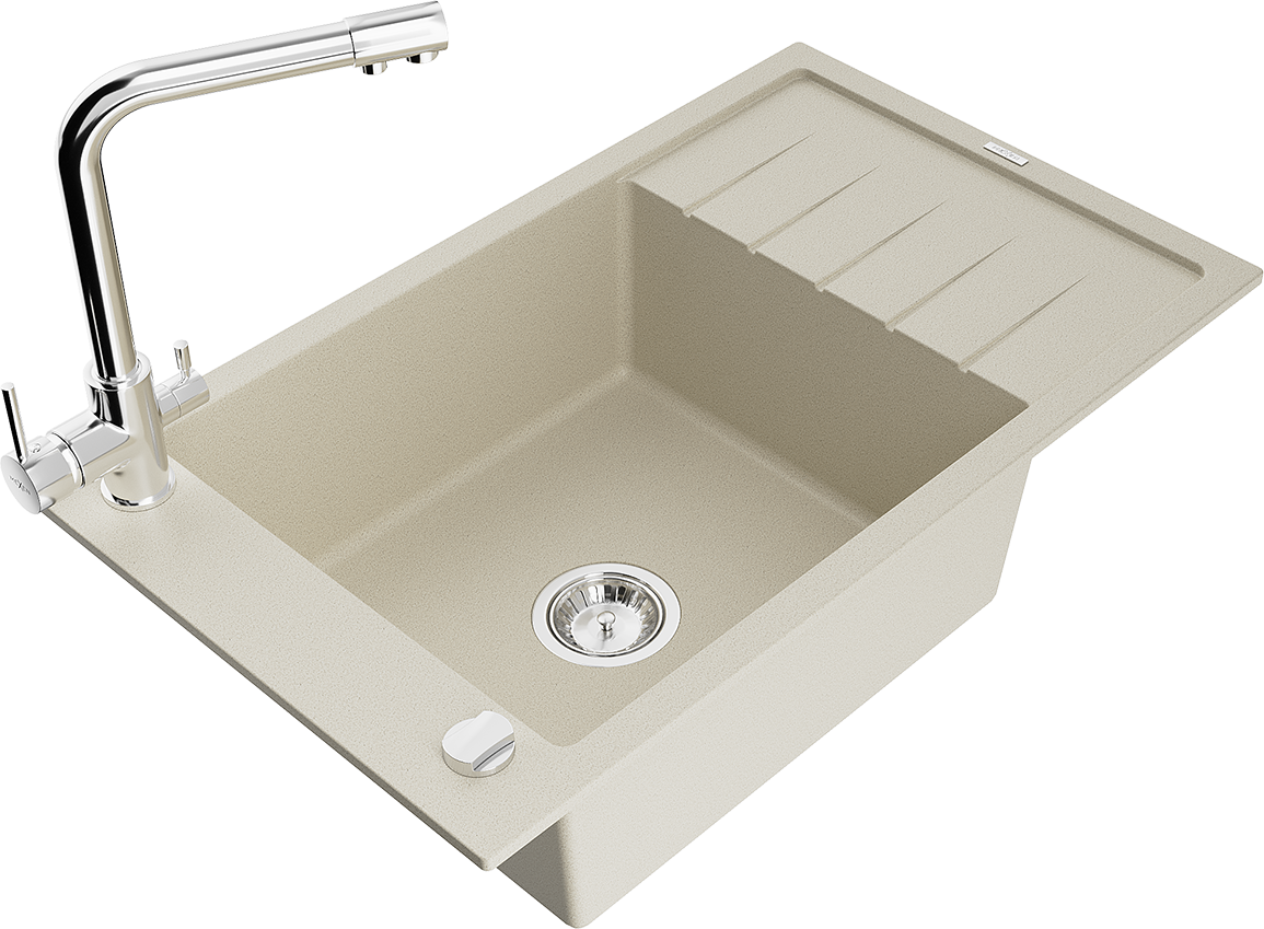 Mexen Elias zlewozmywak granitowy 1-komorowy z ociekaczem i baterią kuchenną Duero, beżowy - 6511-69-671600-00