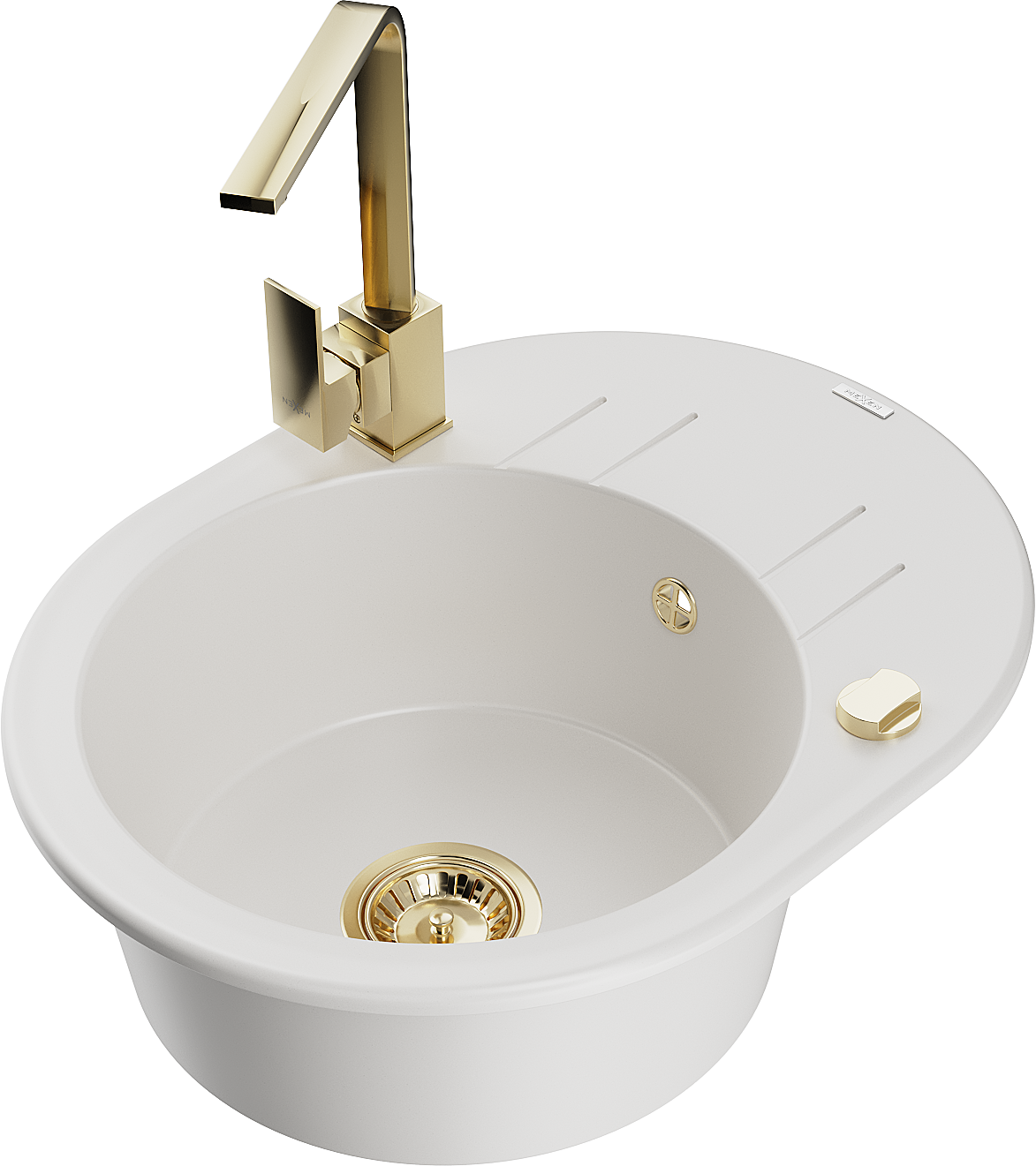 Mexen Kevin zlewozmywak granitowy 1-komorowy z ociekaczem i baterią kuchenną Rita, biały - 6517-20-670300-50