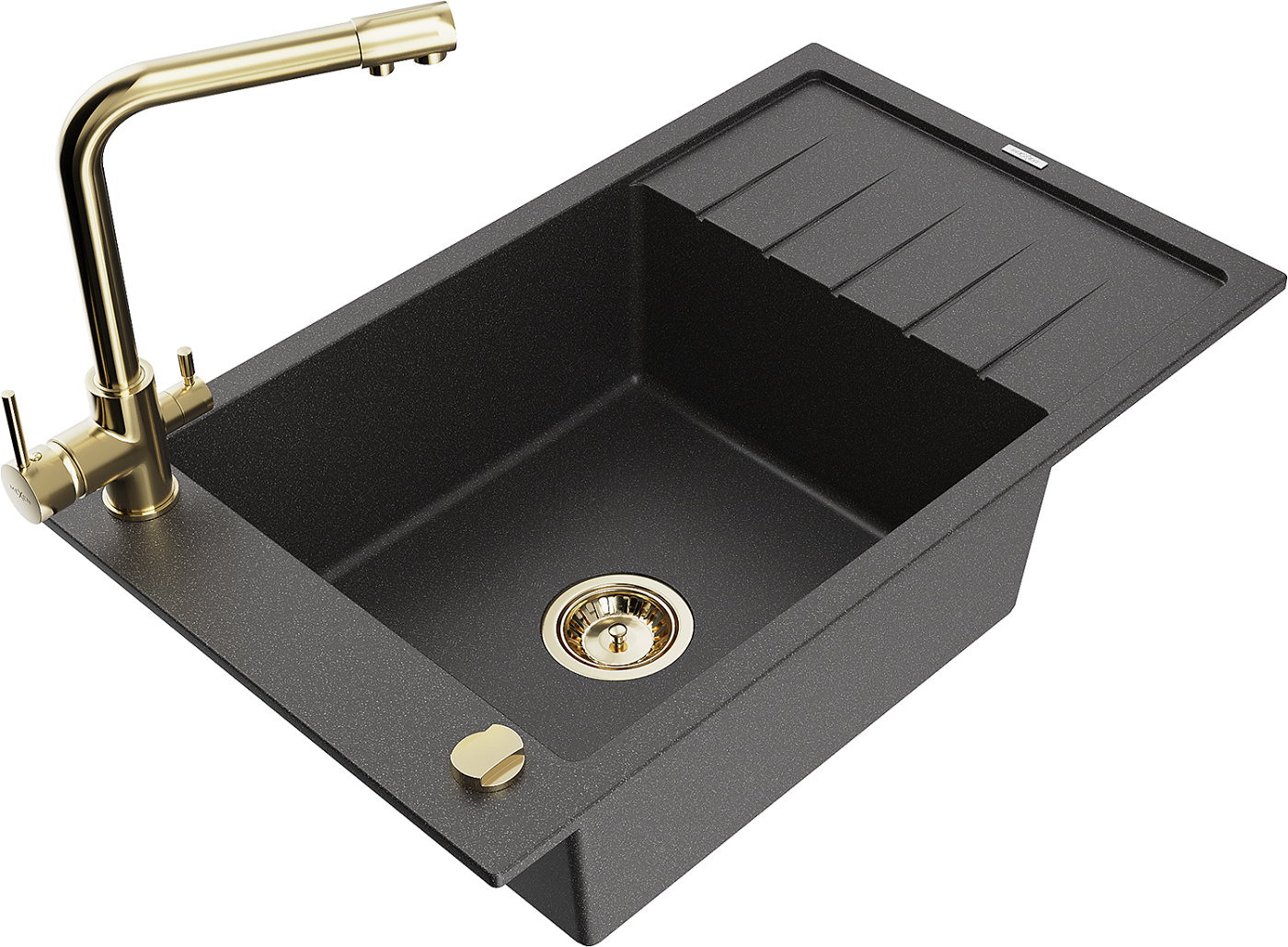 Mexen Elias zlewozmywak granitowy 1-komorowy z ociekaczem i baterią kuchenną Duero, czarny nakrapiany - 6511-76-671600-50