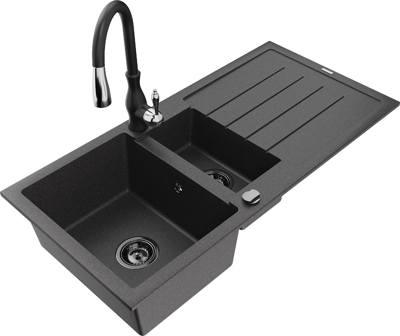 Mexen Andres zlewozmywak granitowy 1,5-komorowy z ociekaczem i baterią kuchenną Savita, czarny nakrapiany - 6515-76-672601-70-B