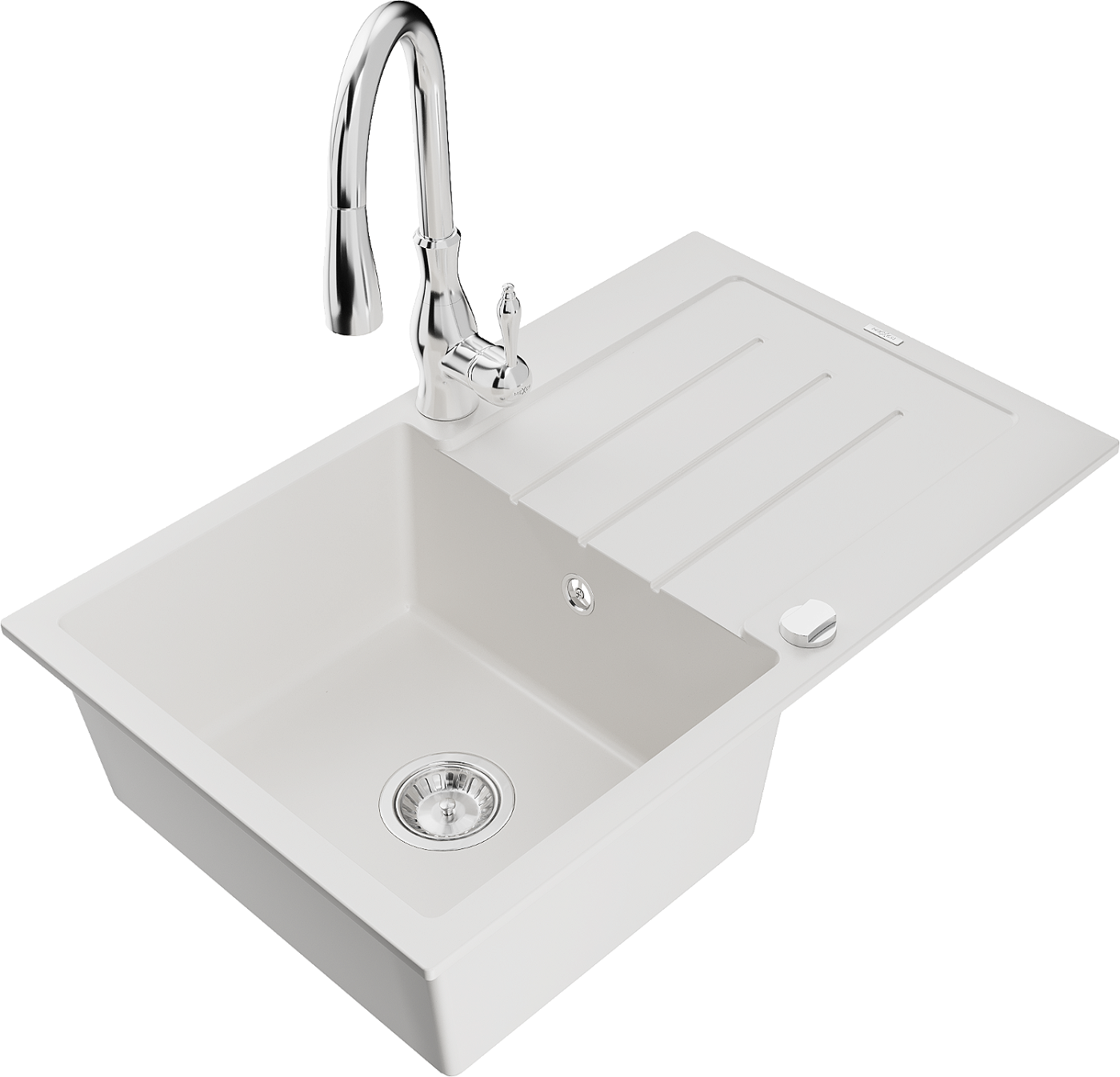 Mexen Bruno zlewozmywak granitowy 1-komorowy z ociekaczem i baterią kuchenną Savita, biały - 6513-20-672601-00