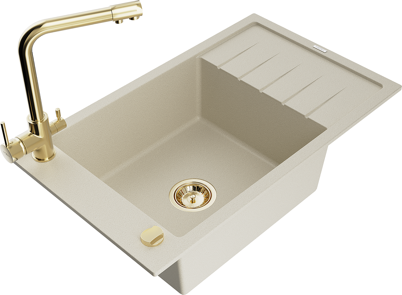 Mexen Elias zlewozmywak granitowy 1-komorowy z ociekaczem i baterią kuchenną Duero, beżowy - 6511-69-671600-50