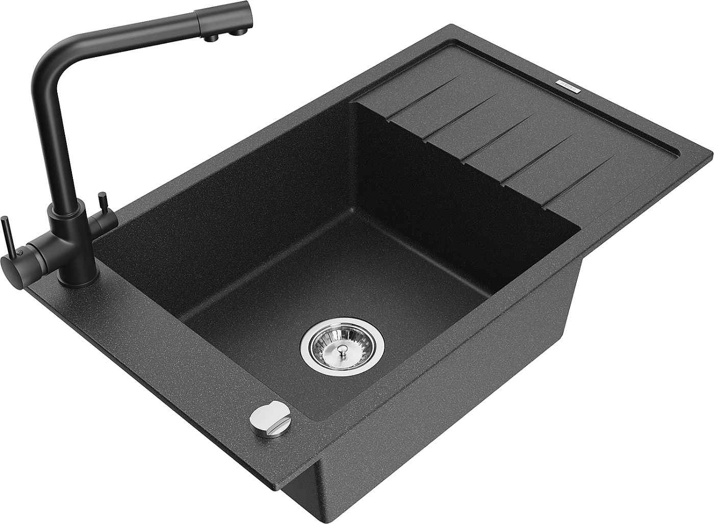 Mexen Elias zlewozmywak granitowy 1-komorowy z ociekaczem i baterią kuchenną Duero, czarny nakrapiany - 6511-76-671600-70