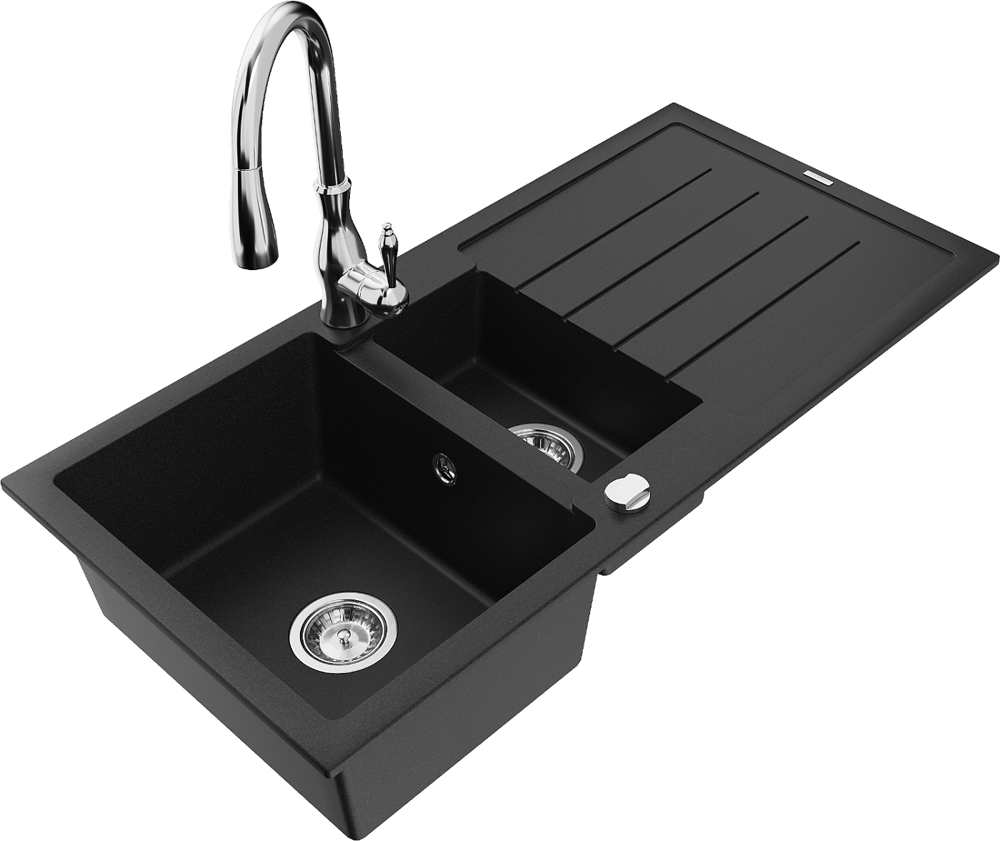 Mexen Andres zlewozmywak granitowy 1,5-komorowy z ociekaczem i baterią kuchenną Savita, czarny - 6515-77-672601-00