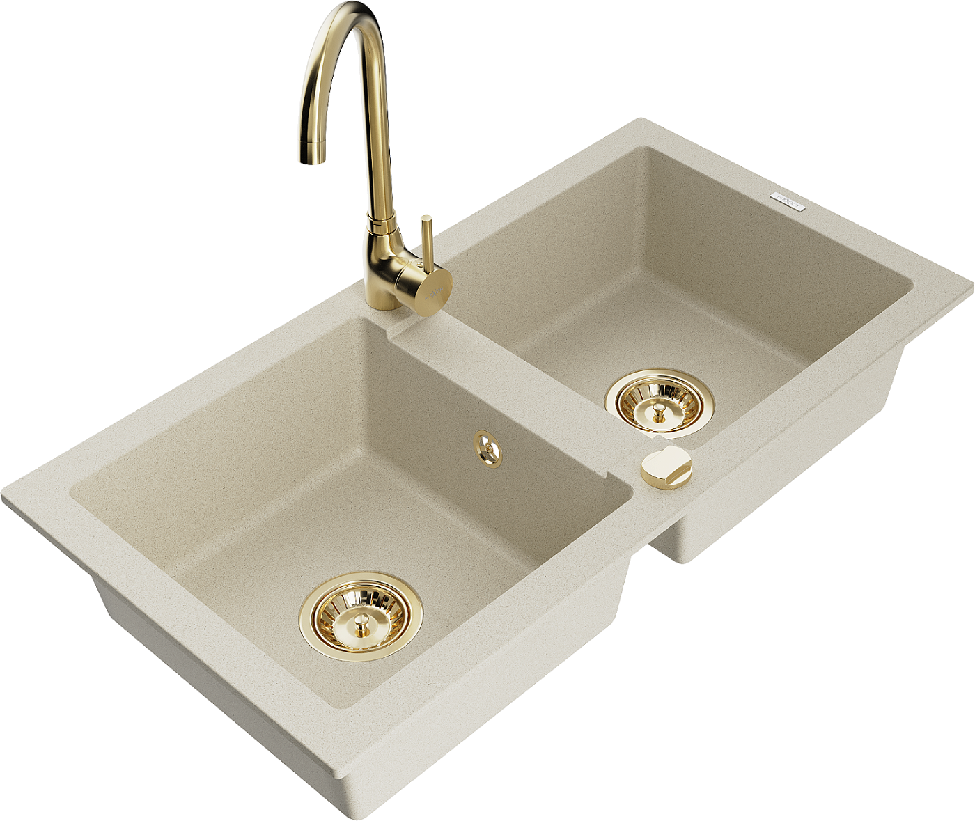 Mexen Mario zlewozmywak granitowy 2-komorowy z baterią kuchenną Telma, beżowy - 6504-69-670200-50