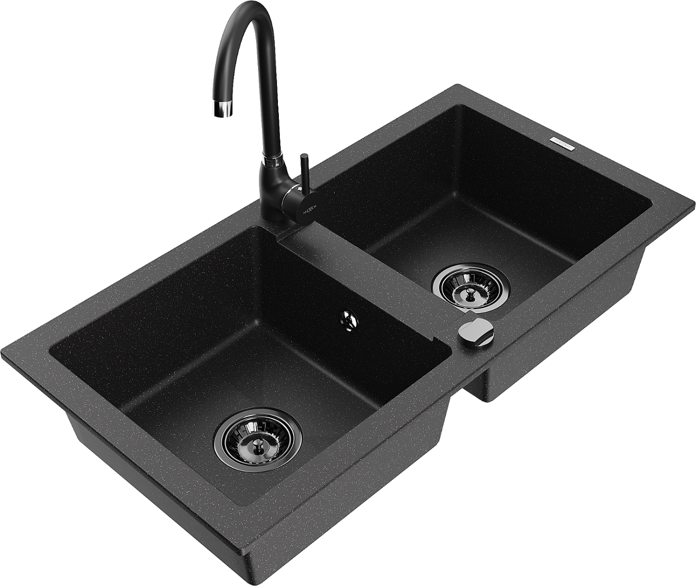 Mexen Mario zlewozmywak granitowy 2-komorowy z baterią kuchenną Telma, czarny/srebrny - 6504-73-670200-70-B