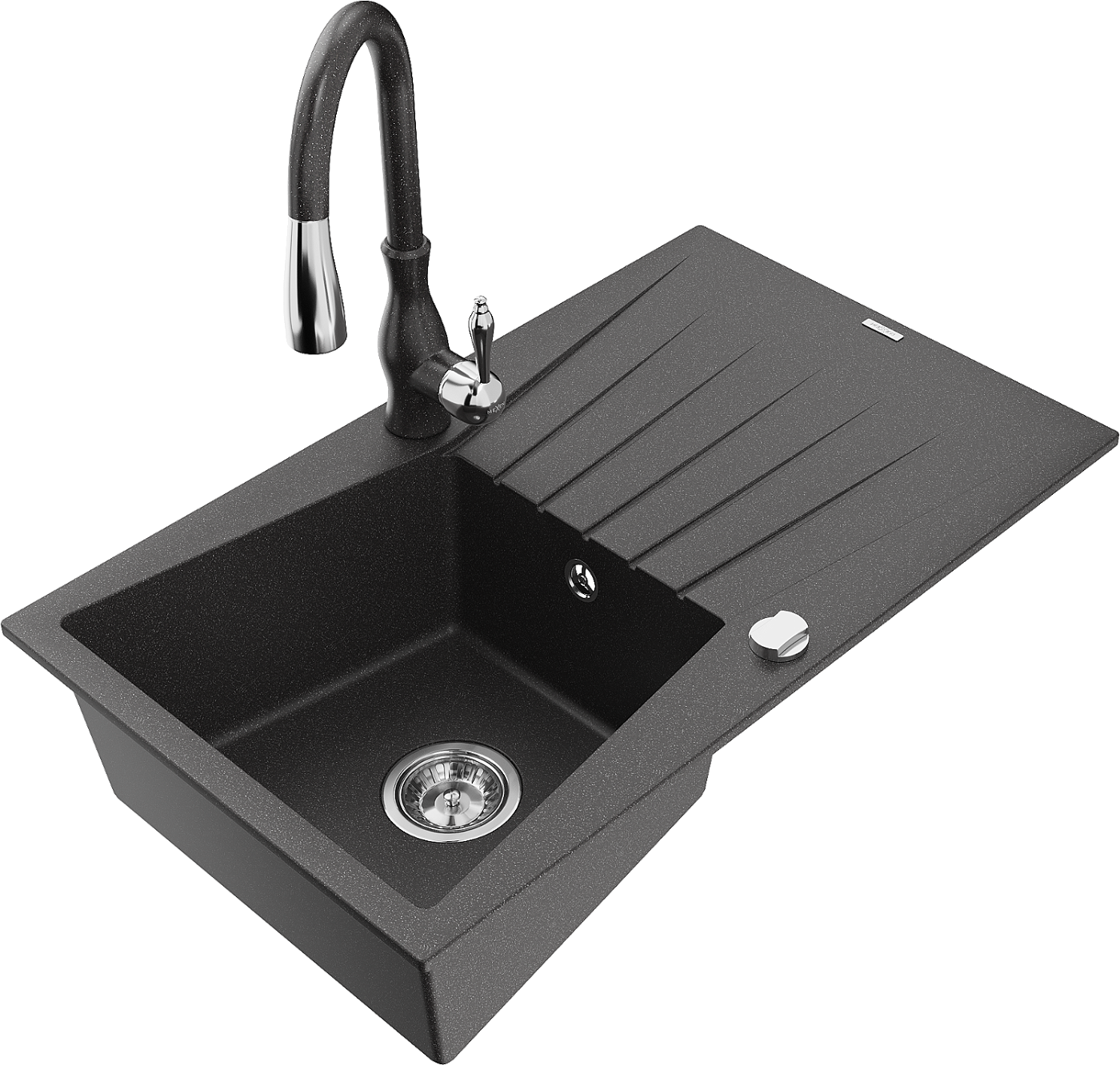 Mexen Cesar zlewozmywak granitowy 1-komorowy z ociekaczem i baterią kuchenną Savita, czarny nakrapiany - 6514-76-672601-76