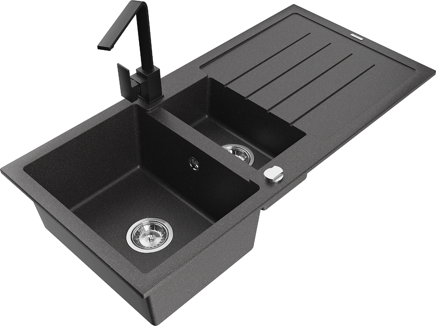 Mexen Andres zlewozmywak granitowy 1,5-komorowy z ociekaczem i baterią kuchenną Rita, czarny nakrapiany - 6515-76-670300-70