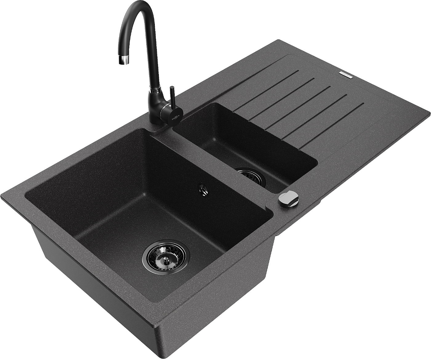 Mexen Matias zlewozmywak granitowy 1,5-komorowy z ociekaczem i baterią kuchenną Telma, czarny nakrapiany - 6502-76-670200-70-B