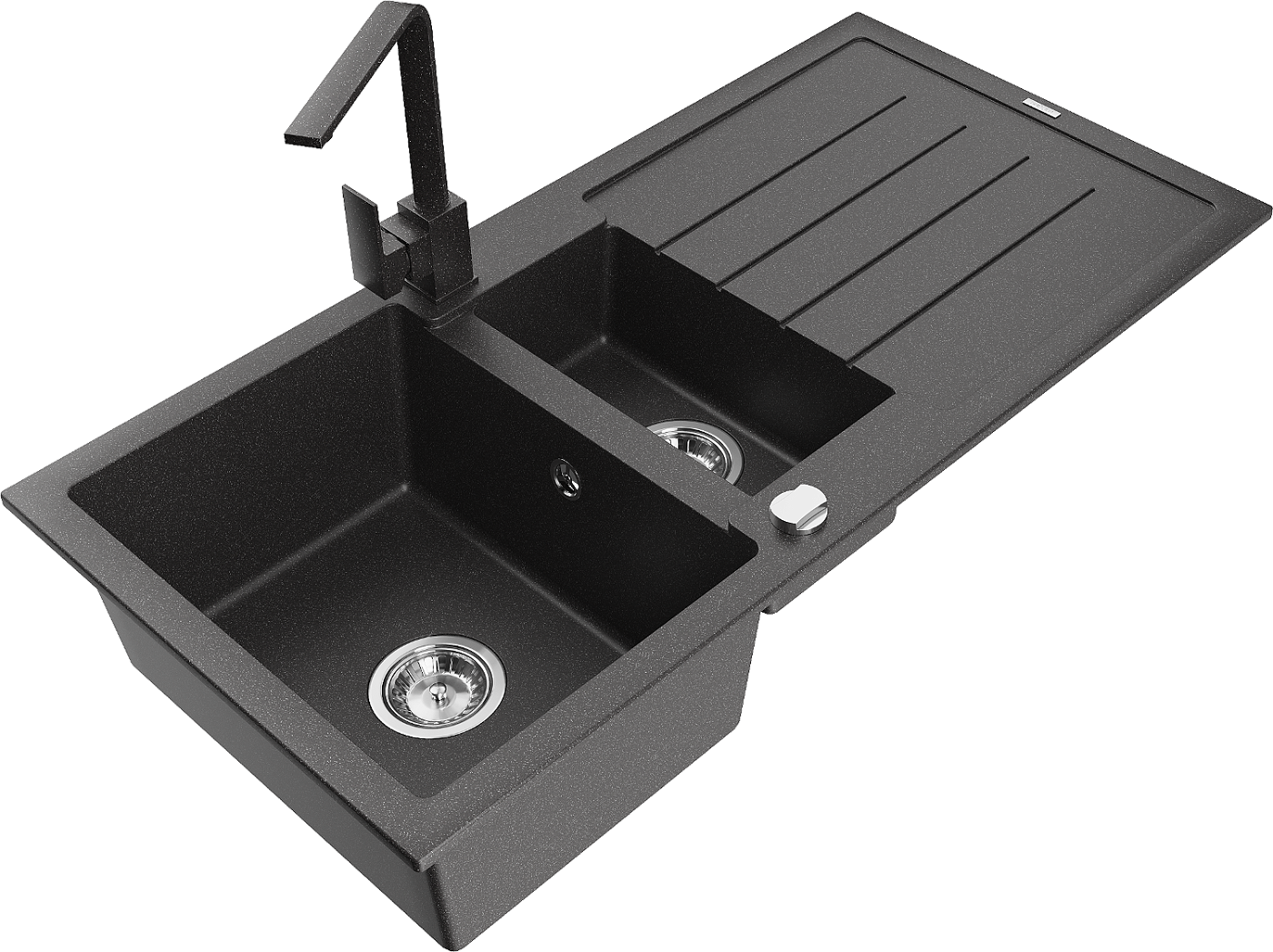 Mexen Andres zlewozmywak granitowy 1,5-komorowy z ociekaczem i baterią kuchenną Rita, czarny nakrapiany - 6515-76-670300-76